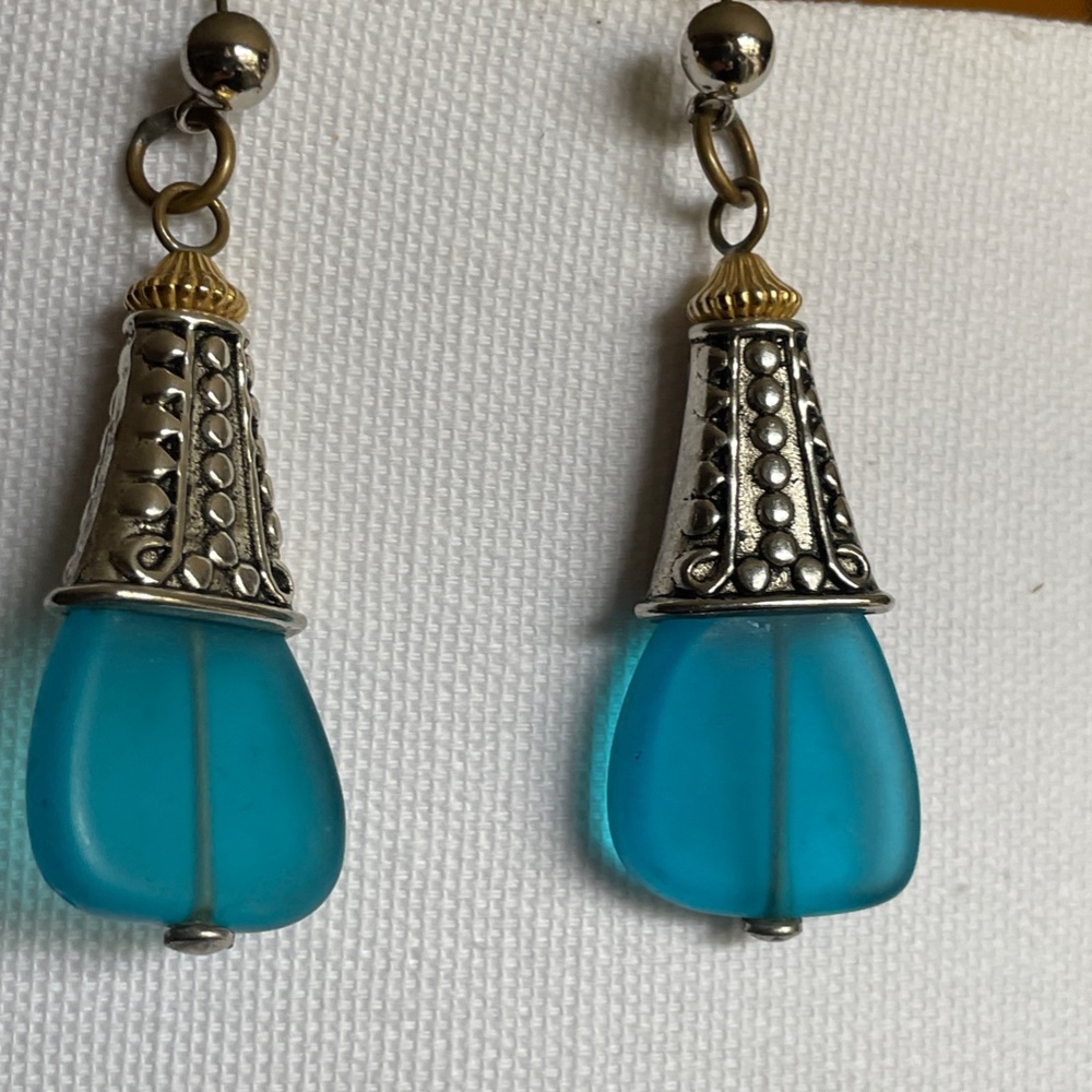 Designer Masha Archer Blue Frosted Resin Bell Earrings with Ornate Silver Caps - Picture 12 of 14